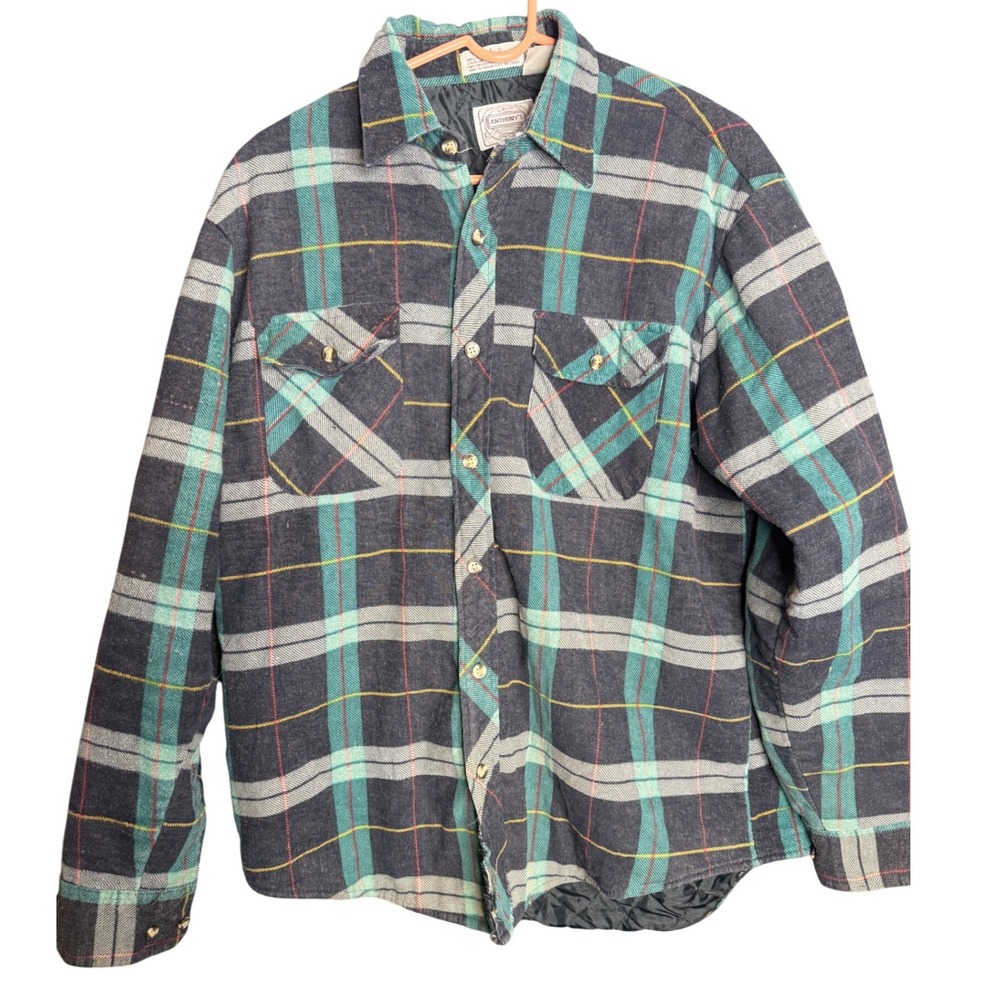 Vintage Anthony's Quilted Flannel Shirt Jacket Men Large Navy Green Plaid Lined